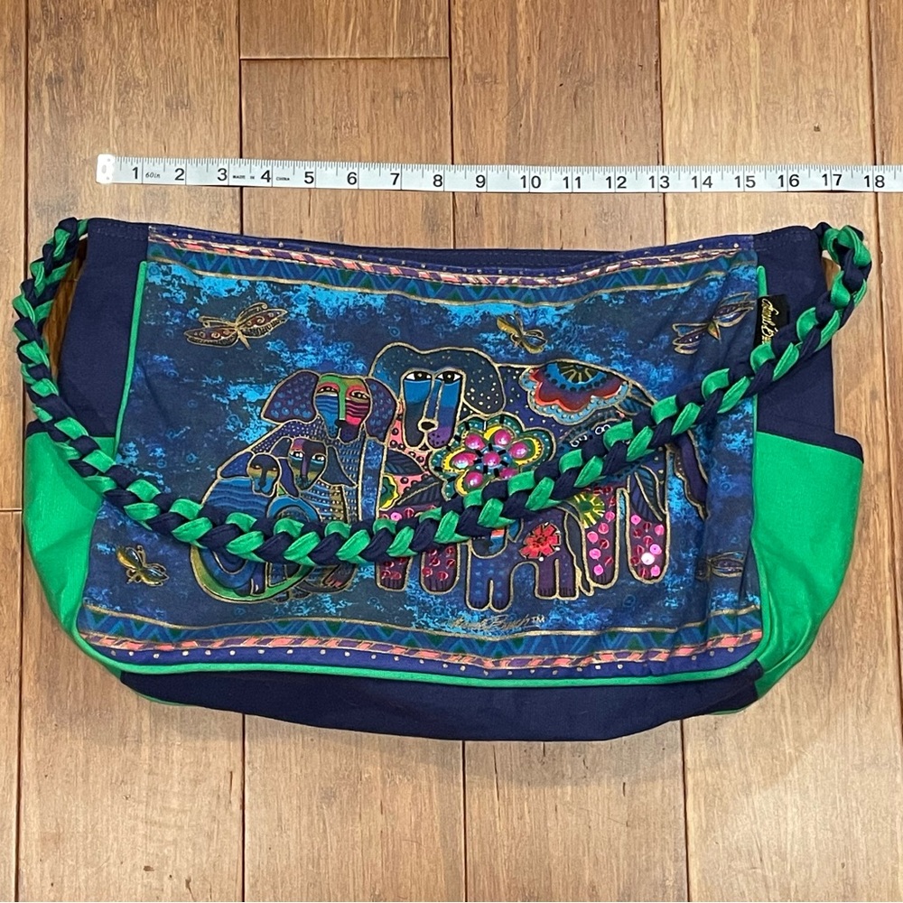 Laurel Burch Tote bag Dog Print Sequins and Beads Woven Handle 16"x10"x4" - Picture 5 of 12